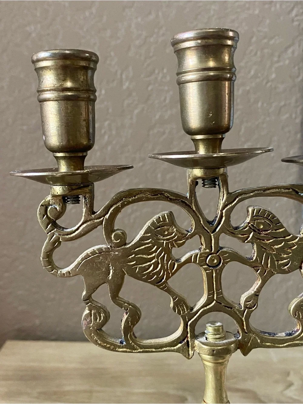 Brass Triple-Arm Lion Motif Candelabra